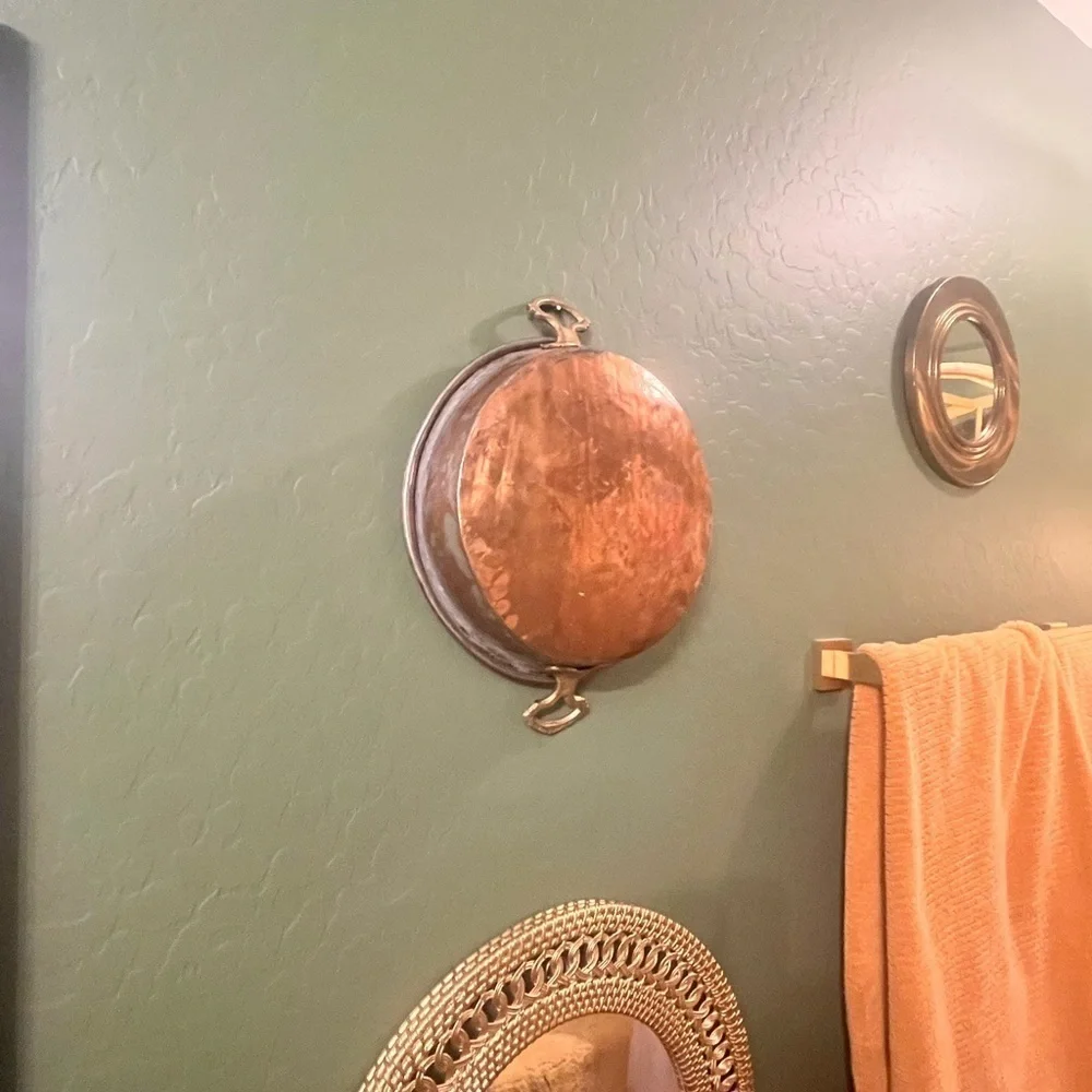 Vintage Copper Brass Round Hammered Bottom Pan Double Handles Wall Decor
